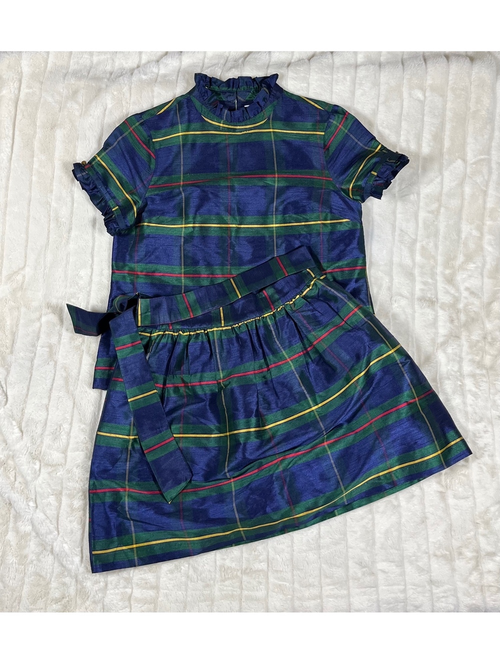 Crown & Ivy M/8 Blue Green Preppy Plaid Top Skirt Fall Spring Outfit Work Set